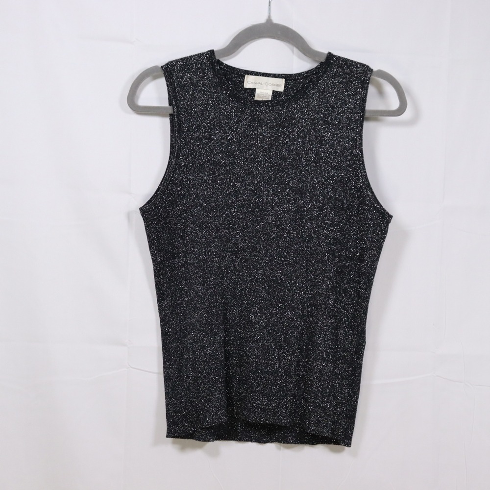 Casual Corner Tank Top Large Black Womens Silk Blend Metallic Shimmer Shell - Picture 1 of 4